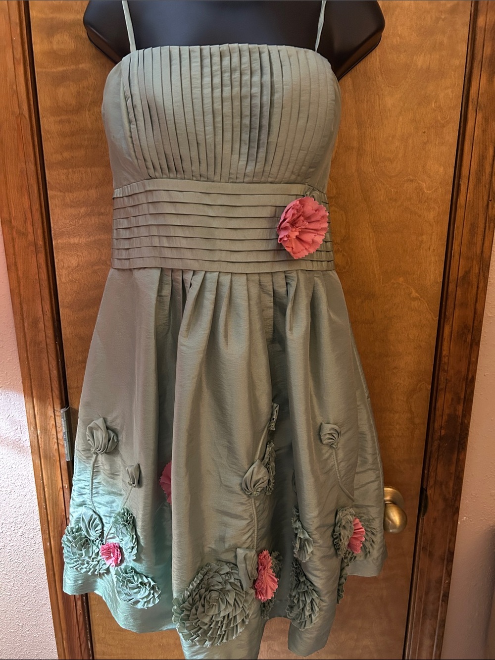 Sage Green Party Dress with Pink Flower Accents - Homecoming
